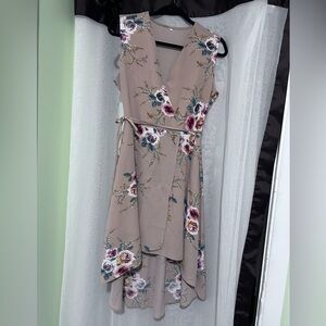 Floral Print High Low Dress in Taupe
